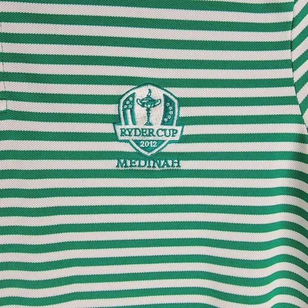 RLX Ralph Lauren Mens Size Large Green Golf Striped Ryder Cup 2012 Logo Polo